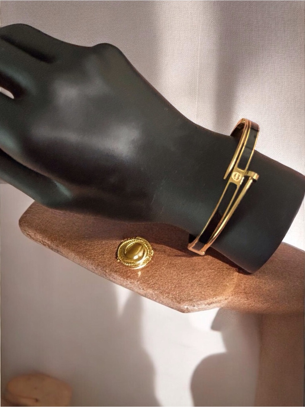 Gold-Tone Black Enamel Hinged Bangle Bracelet